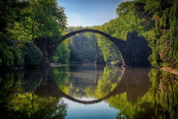 What is Feng Shui-moon bridge reflection over pristine lake